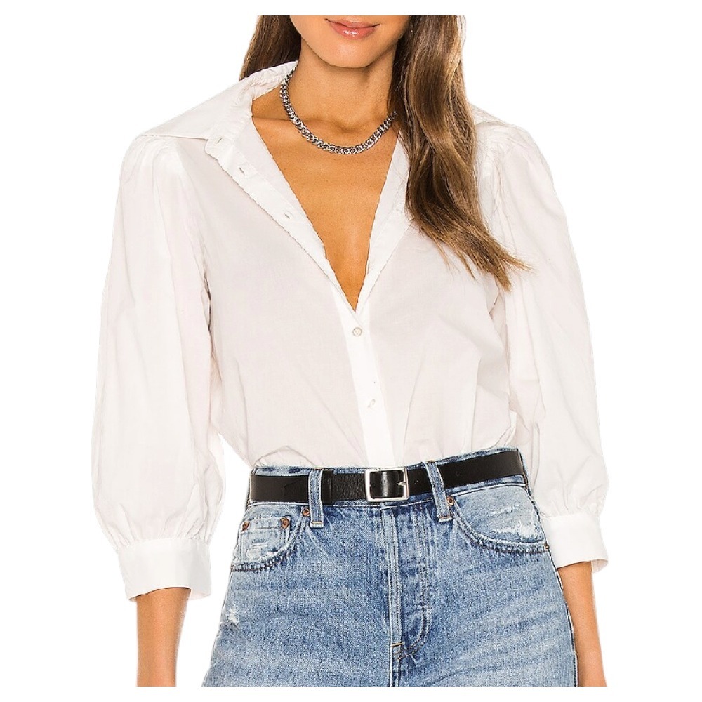 PISTOLA Arielle White Cotton BUTTON-UP SHIRT TOP Puff 3/4 Sleeves Minimalist M